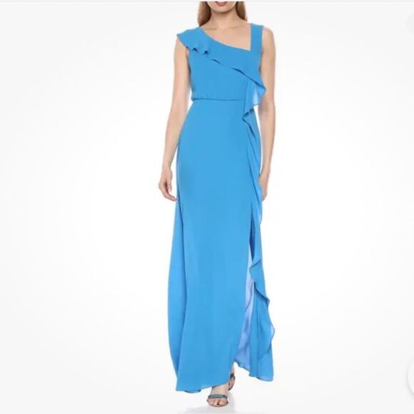 BCBGMaxAzria Maxi Dress Women 10 French Blue Asymmetric Neck Sleeveless NWT!! - Picture 1 of 16